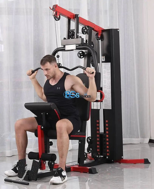 Station home-gym multi-équipée à charges libres pour entraînements polyvalents et complets à domicile